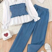 Resim Kızlar Modası 2'li Takım, Mavi Renkli Çentikli Yaka Gömlek ve Geniş Paça Kot Pantolon ile - Polyester, Esnek Kumaş, Bahar/Sonbahar için Makinede Yıkanabilir, Dış Mekanlar için Mükemmel 