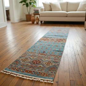 Resim Turquoise 2x8ft Turkish Runner Rug - Natural Dye Hallway Carpet 