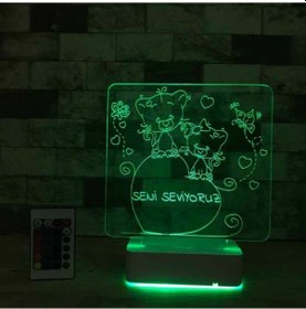 Resim Kişiye Özel Kalp Ve Kedicik 3D Led Lamba 