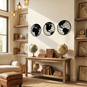 Resim Üçlü Küresel Dünya Haritası - Metal Duvar Dekoru - 70x70 cm 