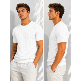 Resim ribana Erkek Bisiklet Yaka Kısa Kollu Esnek Örme Triko T-Shirt 26091 