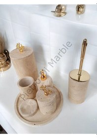 Resim Sarı Traverten Klasik Model 7 Parça Gold Renk Mercan Aksesuarlı Banyo Seti Sarı Traverten 