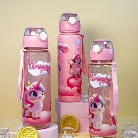 Resim 1 Tek Boynuzlu Temalı 700ml Spor Su Şişesi, Pipet ve Taşıma Döngüsü ile - Dayanıklı Polikarbonat, Mat Pembe, Dış Mekan Aktiviteleri için İdeal 