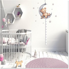 Resim Ayda Uyuyan Peluş Ayıcık ve Yıldızlar Boy ve Gelişim Ölçer Çocuk Odası Duvar Sticker - 100x70 cm / Renkli / Boy Ölçer 