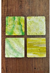 Resim Doğal Taş Bardak Altlığı - Yeşil Sarı Desenler Baskılı 10x10cm Stone Coasters Çok Renkli 