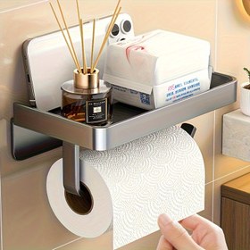 Resim 1 adet Duvara Monte Edilebilir Kendinden Yapışkanlı Tuvalet Kağıdı Tutucu Raf ile - Havlular, Aksesuarlar & Temel Malzemeler için Metal Banyo Kağıdı Depolama Rafı, Yer Tasarruflu Tasarım, Tuvalet Kağıdı Tutucu Duvara Montaj 