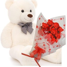 Resim Sevimli 90 Cm Peluş Ayı İle Premium Yumoş Kırmızı Peluş Ayıcık Buketi Kırmızı 