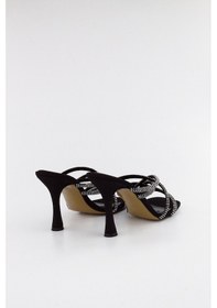 Resim Siyah Mat Saten Taşlı Kadın Topuklu Terlik 