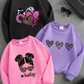 Resim 3'lü Kız Çocuk Kalp Desenli Sweatshirt - Çiçek ve Kalp Desenli, Yumuşak Esnek Kumaşlı, Uzun Kollu, Bisiklet Yaka, Rahat, Normal Kesim, Sonbahar/Kış için, Günlük Giyim, Sevimli Sweatshirt, Kışlık Giyim, Eğlenceli Tasarım 