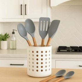 Resim Beyaz Kaşıklık Beyaz Silindir Plastik Kaşıklık – Modern Delikli Tasarım, Hava Geçişli Dayanıklı Mutfak Düzenleyici Kaşıklık 