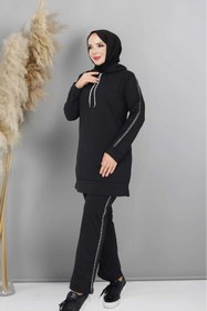 Resim CNG MODA Kadın Kapüşonlu Kol Şeritli Eşofman Takımı 