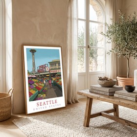 Resim Seattle USA - Pike Place Market Space Needle Wall Art Print - Wooden Frame - White / 8,3 x 11,7" (21x30) 