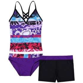 Resim Mor Küçük Büyük Kızlar 3 Parça Mayo Moda Çiçek Tankini Bikini Set Çocuk Tank Top Ganimet Şort Altları İle Mor 