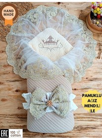 Resim Mint Triko Örgü Bebek Kundağı - Pamuklu & Dantelli Yenidoğan Bebek Battaniyesi Vizon 