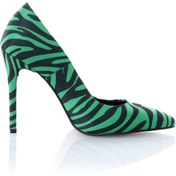 Resim İnce Topuk Sivri Burun Yeşil Zebra Desenli Stiletto 