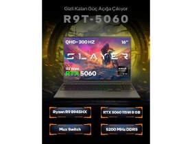 Resim Game Garaj Slayer R9T-5060 C1 Amd Ryzen 9 8945HX 32GB Ram 1tb SSD RTX5060 16" 300Hz Qhd+ Freedos Gaming Laptop 