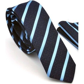 Resim Gaffy Mavi Verev Çizgili Lacivert Dokuma Kumaş Mendilli Slim Fit Kravat Lacivert - Mavi 