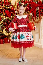 Resim Kız Çocuk Kareli Bebe Yakalı Noel Baba Baskılı Kabarık Tüllü Kırmızı Elbise 