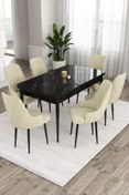 Resim Canisa Ram Serisi 80x132 Açılabilir Mutfak Masası Takımı Siyah Mermer Desen Masa 6 Krem Sandalye 