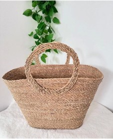 Resim Dekoratif Kulplu Hasır Sepet Plaj Çanta Sele 40x22cm Açık Kahverengi 