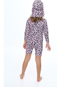 Resim Lolliboomkids Kız Çocuk Leopar Desenli Güneş Koruma Şapkalı 2'li Takım Uzun Kol Hipster Model Sırt Fermuarlı Hassas Ten Mayo Pembe - Siyah 