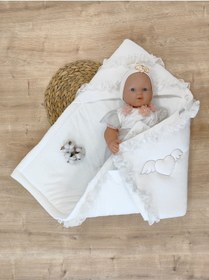 Resim Bebek Battaniyesi Dış Kundak Mevsimlik Bebek Kundağı %100 Pamuklu Hastane Çıkışıyenidoğan Hediyelik Ekru 