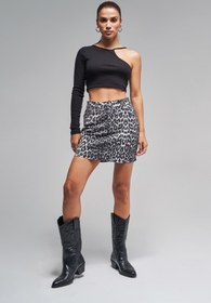 Resim Kadın Siyah Beyaz Leopar Renk Mini Denim Etek - Leopar Siyah Beyaz w426 / 38 