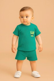 Resim Erkek Bebek Dar Kalıp Ribana Kumaş Cepli Surf Yazılı Şortlu Takım -25143 Yeşil 