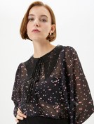 Resim Çiçekli Şifon Gömlek Dantelli Bebe Yaka Düğmeli Balon Kollu 