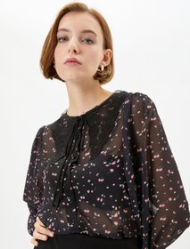 Resim Çiçekli Şifon Gömlek Dantelli Bebe Yaka Düğmeli Balon Kollu 