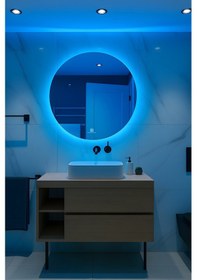 Resim Digital Hayat Dokunmatik Dimlenebilir Mavi Led Işıklı Yuvarlak Ayna Dekoratif Banyo Makyaj Aynası Mavi 