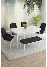 Resim Meri Serisi 80x132 Açılabilir Mdf Beyaz Masa Takımı 4 Siyah Sandalye 1 Bench Antrasit 