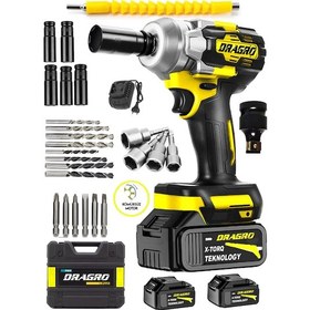 Resim Dragro Alman 450NM DRG-598VF 20 AH Kömürsüz Çift Bataryalı Somun Sökme Sıkma Makinesi 32 Parça Full Setli Sarı 
