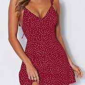 Resim Kadınların şık kırmızı polka dot halter boyun elbisesi - Kolsuz, V-boyun, volan detay, polyester, ilkbahar/yaz için mükemmel, rahat formal giyim, rahat giyim|Oyunca print|Polyester kumaş 