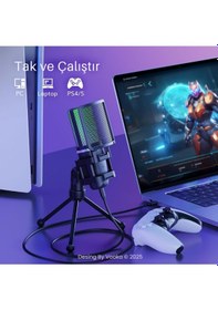 Resim Rgb Işıklı Kablolu Condenser Mikrofon Usb Bağlantılı, Tripod Standlı, Pop Filtreli, Online Ders, 