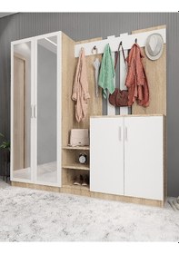 Resim Flora Aynalı Portmanto Vestiyer - Ücretsiz Kurulum - Meşe Beyaz 175 cm 