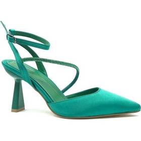 Resim Feles Arkası Açık Şerit Taşlı Stiletto Kadın Topuklu Ayakkabı Yeşil 