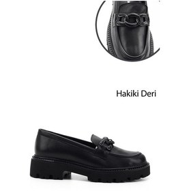 Resim Gönderi R Siyah Kalın Topuklu Tokalı Hakiki Deri Loafer Ayakkabı Siyah 