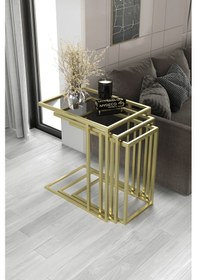 Resim 3'lü Sarı Koltuk Sehpası&yan Sehpa Şeffaf Füme Cam 