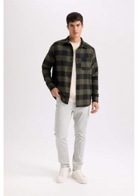 Resim Defacto Regular Fit Polo Yaka Kareli Flanel Uzun Kollu Gömlek S1238AZ24AUKH206 Haki 