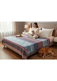 Resim Yıl Başı Desenli Çift Taraflı Akrilik Skoç Battaniyesi 200 220 Cm Kırmızı - Lacivert 