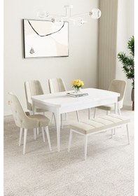 Resim Mabel Beyaz 80x132 Açılabilir Yemek Odası Takımı 4 Sandalye, 1 Bench Krem 