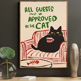Resim 1 adet Çerçevesiz Tuval Poster - "Tüm Misafirler Kedi Tarafından Onaylanmalıdır" Komik Sanat Baskısı, Kırmızı Sandalyede Siyah Kedi ile Bardak ve Balık Tasarımı, Yatak Odası, Oturma Odası, Mutfak için Modern Klasik Duvar Dekoru, İç/Dış Mekan Kullanımı, Yüksek Kaliteli Tuval Ev Hediyesi 