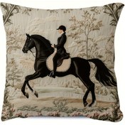 Resim Vintage Binicilik Yastık Kılıfı - Şık Siyah At ve Binici Tasarımı ile Bej Çiçek Desenli Arka Plan, Yumuşak Peluş Yastık Kılıfı - Fermuarlı, Makinede Yıkanabilir - Oturma Odası, Yatak Odası için Dekoratif Aksesuar - 45.72x45.72 cm, Klasik Sanat Eseri, Dayanıklı Kumaş, İç Mimarlar için, 2D Düz 