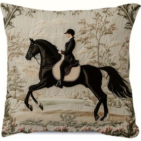 Resim Vintage Binicilik Yastık Kılıfı - Şık Siyah At ve Binici Tasarımı ile Bej Çiçek Desenli Arka Plan, Yumuşak Peluş Yastık Kılıfı - Fermuarlı, Makinede Yıkanabilir - Oturma Odası, Yatak Odası için Dekoratif Aksesuar - 45.72x45.72 cm, Klasik Sanat Eseri, Dayanıklı Kumaş, İç Mimarlar için, 2D Düz 