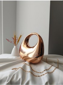 Resim Vivazzaluxe Modern Tasarım Oval Tutmalı Küçük Boy Kadın Abiye El, Omuz Çanta Altın 