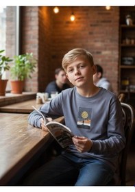 Resim Zekids Erkek Çocuk Pamuklu Manzara Baskılı İnce Uzun Kollu Sweatshirt-16341 Gri 