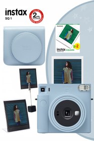 Resim Fujifilm Instax SQ1 Buz Mavi Fotoğraf Makinesi 20li Kare Film Deri Kılıf Pleksi Çerçeve ve Kıskaçlı Stand 