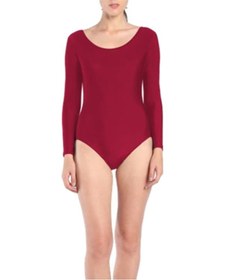Resim Suntek Kadın Jimnastik Mayoları Uzun Kollu Dans Atletik Bodysuit Bordo 