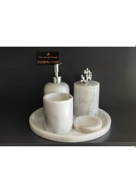 Resim Beyaz Gri Damarlı Mermer Mercan Gümüş Rengi Aksesuarlı 5'li Banyo Seti Beyaz 